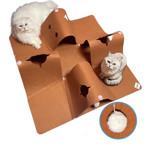 Interactive Cat Tunnel Mat for Indoor Cats, 4-Way Felt Cat Cave with Hanging Ball, Foldable Kitty Play Mat and Hideout, Pet Enrichment Toy for Kittens, Rabbits, Small Pets