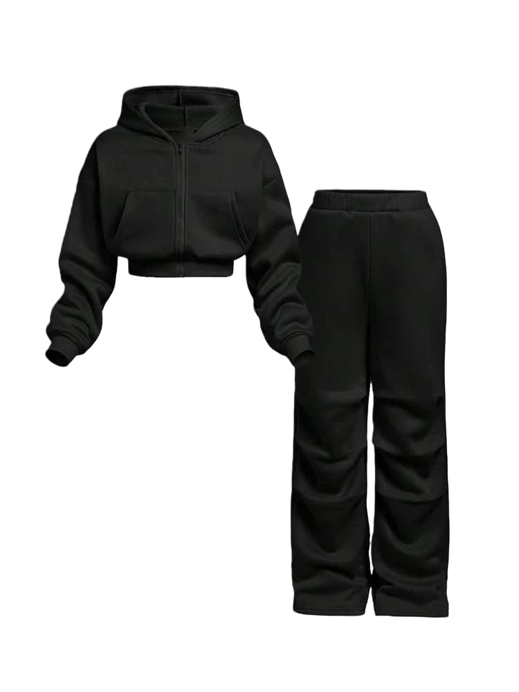 Womens Fall Winter Two-Piece Activewear Set Casual Fleece-Lined Cropped Hoodie Paired with Wide-Leg Sweatpants