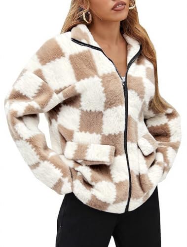 EARKOHA Womens 2026 Winter Coat Checkered Fashion Zip Up Faux Fur Sherpa Jacket Warm Fleece Oversized Outwear with Pockets Checkered Khaki 3XL