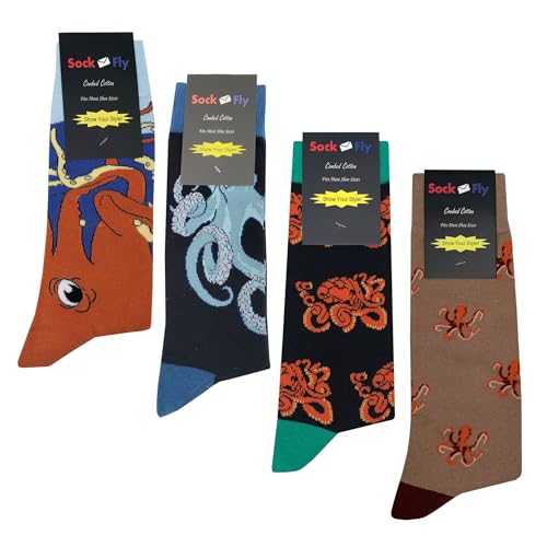 Octopus Dress Socks 4 Pack Funny Novelty Crazy Fun Design Men Size 8-12 Cotton Casual Crew Colorful Funky Fancy Socks Gift for Men2