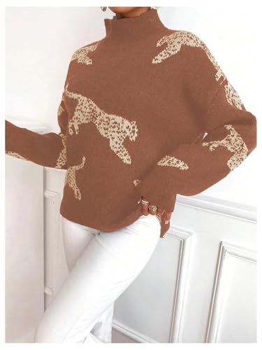 Image of WDIRARA Women's Leopard Tiger Print Sweater High Neck Long Sleeve Fuzzy Knitted Pullover Top