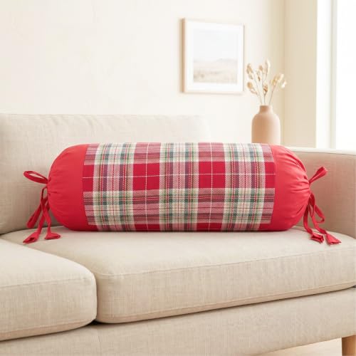 Image of SAJAVAT HOME Pure Cotton Bolster Cover | Decorative Round Cylindrical Pillow Cover for Sofa, Bed & Diwan | Soft & Breathable Cushion Cover | Red Check | Pack of 1