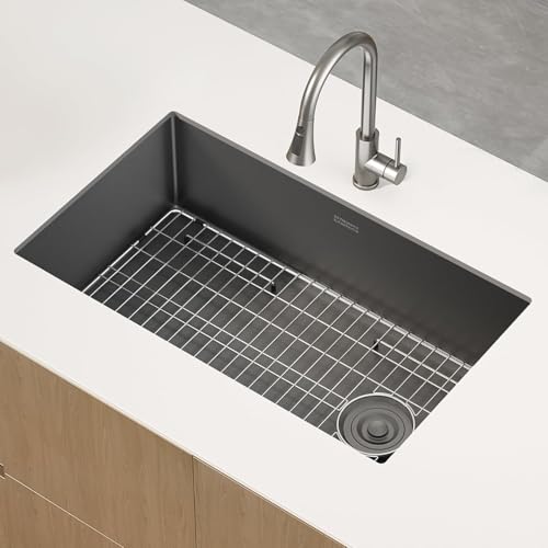 Image of 32 Inch Undermount Kitchen Sink, 304 Stainless Steel with Nano Coating, Single Bowl, Modern Design for Workstation, RV, Prep Kitchen & Bar, Drain Assembly Included, 32x19 Inch (Black)
