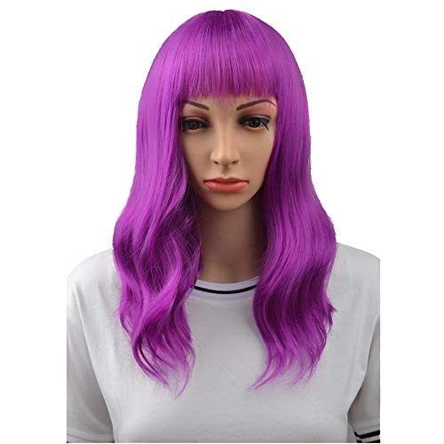 BERON 16" Womens Short Curly Wavy Wig with Bangs Synthetic Hair Party Wigs Wig Cap Included (Dark Purple)