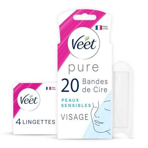 VEET Pure – 20 tiras de cera fría para la cara – Piel sensible – Recomendada por dermatólogos – Depilación duradera