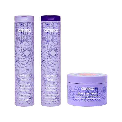 Image of amika Bust Your Brass Strength Repair Trio - Bust Your Brass Strength Repair Cool Blonde Shampoo 275 ml, Cool Blonde Strength Repair Conditioner 275 ml, Toning + Strength Repair Hair Mask 250 ml, Brig