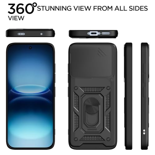 Image of Pikkme Back Cover for iQOO 15R 5G | 360 Protection Case | Sliding Camera Shield Cover & Ring Holder Stand D10 Tough Armor Bumper Case (Black)
