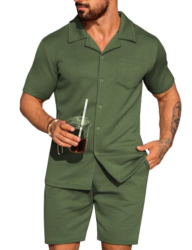 URRU Mens 2 Piece Outfits Summer Casual Texture Beach Short Sleeve Button Down Shirts and Shorts Set with Pocket