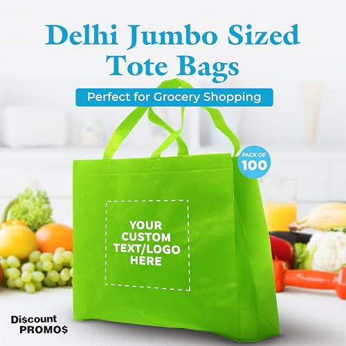 DISCOUNT PROMOS Custom Jumbo Sized Tote Bags Set of 100, Personalized Bulk Pack - Reusable Grocery Bags, Shopping Bags, Promotional Item Totes for Women - Lime Green3