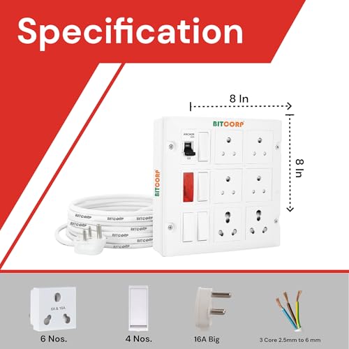 Image of BITCORP 16A Heavy Duty Power Extension Board with 6 Socket 4 MCB, 3500W MCB Overload Protector, 3 Meter 2.5mm Electric Cord for AC, Refrigerator, EV Charger, Washing Machine, Geyser