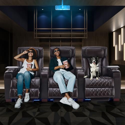 Image of Luxury Home Theater Seating - Power Recliner with Adjustable Headrests, Blue LED Ambient Lighting, Tray Table, USB & Type-C Charging (Dark Brown,3 Seat)
