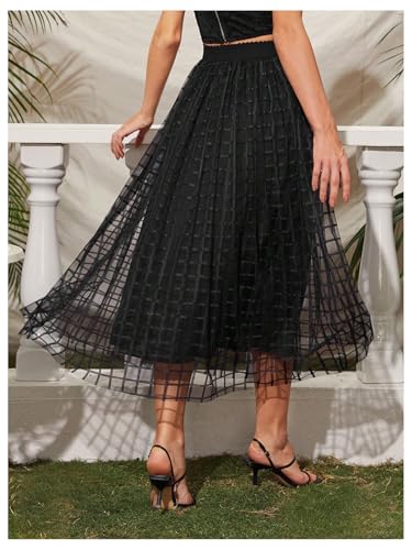 OYOANGLE Women's Plaid Contrast Mesh Flared Skirt Elastic High Waist Flowy Elegant Midi Skirts2