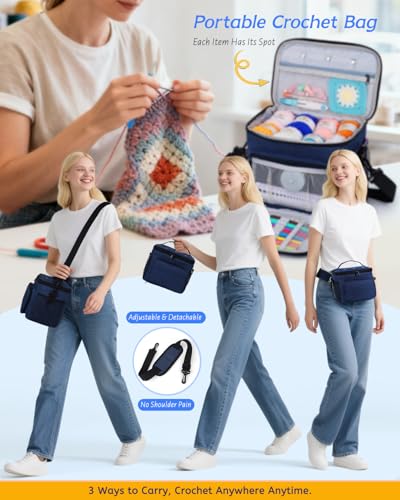 Image of Aeelike Complete Beginner Kit 87PCS, Crochet Kit for Beginners Adults, Navy Portable Yarn Bag, 23 Crochet Hooks,Yarn 20 Colors Skeins, Instruction & Crocheting Accessories