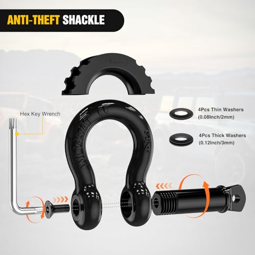 Image of Nilight 3 /4 inch D Ring Shackle 2 Pack 19T (41,887 lbs) Break Strength 4.75T WLL Heavy Duty Towing Hook with Anti-Theft System Anti-Rattle Isolators for Truck Jeep SUV ATV UTV Recovery Black