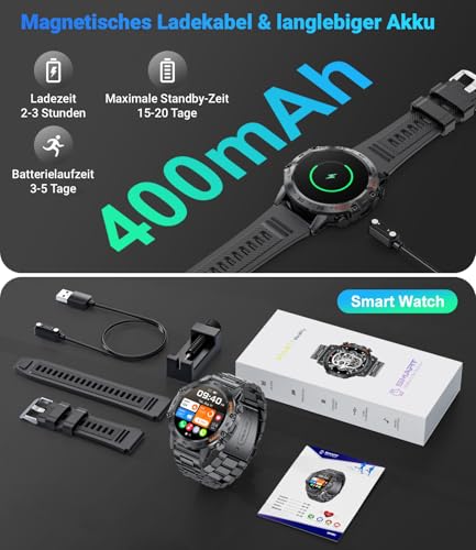 LIGE Smartwatch Herren mit Telefonfunktion, 1,39 Zoll Militär Smart Watch mit 24H Herzfrequenz, Blutdruck, Schlafdauer, 100+ Sportmodi Fitnessuhr, 300+ Zifferblätter, IP67 Wasserfest, Schwarz