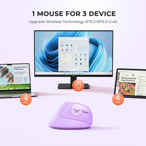 Image of MEETION Ergonomic Mouse, Wireless Mouse, Bluetooth Vertical Rechargeable Mice, 4 Adjustable DPI 800-2400, Bluetooth 5.2+5.2+USB Mouse for Windows /Mac, for Laptop /PC /Desktop /Computer /iPad - Purple