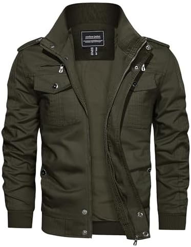 CRYSULLY Men's Cotton Military Jacket Lightweight Casual Windbreaker Stand Collar Bomber Jackets Coat with Multi Pockets