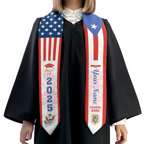 MonkeyVan Personalized Puerto Rico Graduation Sash 2025, Custom Puerto Rican American Flag Graduation Stole Class of 2025 S153