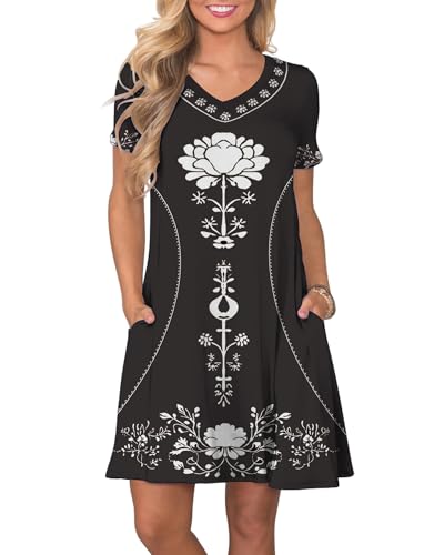 Image of COSSEN Women's Casual T Shirt Dress V-Neck Short Sleeves Swing Dresses Birthday Party Summer Travel Beach with Pocket