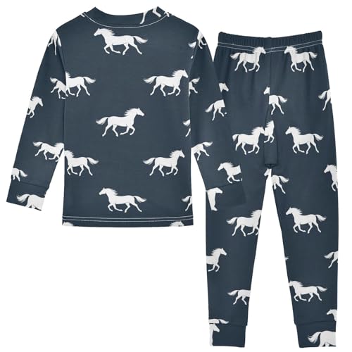 Pajama Sets Long Sleeve White Horses on Navy Soft Comfy Sleepwear 2 Piece PJS 3-8T3