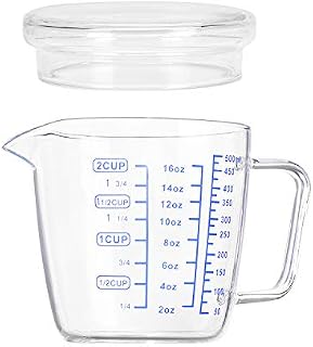 Glass Measuring Cup Jugs with Lid Pour Spout 17 oz Microwave Graduated Glass Mug with Handle Clear Scale Solid Ounce Cup Fluid Accuracy Measure Tool Powder Cooking Baking Wine Milk Coffee Cook 500ml