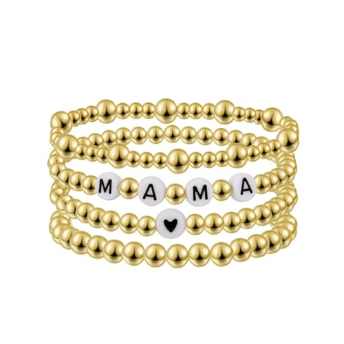 Emibele Mama Bracelet Stack 4Pcs, Love Heart Mom Beaded Bracelet Set, Elastic Stackable Stretch Bracelet for Women Mother Day Gift, Gold