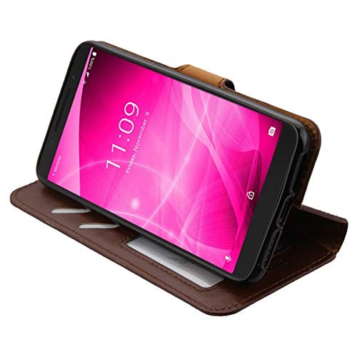 ANGIEHAIE REVVL 2 (5.5") Wallet Case with Tempered Glass Screen Protector, JoJoGold Bicast PU Leather Flip Cover Folio Wallet Case with Magnetic Flap and Kickstand - Brown