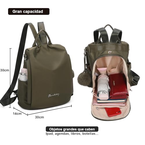 OLIVIA WONG Mochila antirrobo Impermeable para mujer (13L)| Mochila Convertible en bolso con pompom y Asa desmontable de adorno - Verde Militar Militar - imagen 4