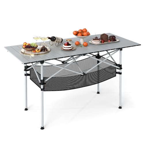 GIANTEX Mesa de Camping Plegable, Mesa Portátil para Picnic con Tapa de Aluminio Enrollable y Canasta de Malla, Mesa Ligera para Exterior con Bolsa de Transporte en Plateado 47"x22"x27" miniatura 1