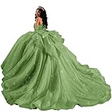 XYAYE Gorgeous Off Shoulder Sage Green Long Ball Gowns Sparkly Princess Beaded 15 Dresses for Quinceanera Puffy Tulle Vestido de 15 años Size 14