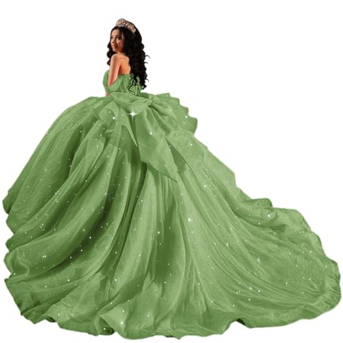 XYAYE Gorgeous Off Shoulder Sage Green Long Ball Gowns Sparkly Princess Beaded 15 Dresses for Quinceanera Puffy Tulle Vestido de 15 años Size 14