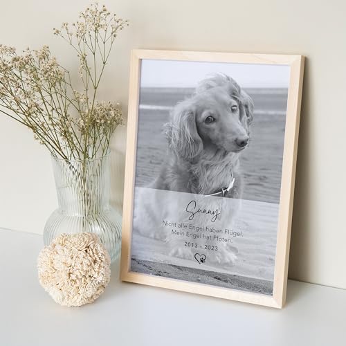DEL MÀ Unique & Personal Andenken an verstorbenen Hund Bild im Stil einer Gedenktafel zur Erinnerung & Trauer personalisiert mit Foto Geschenk für Hundebesitzer mit Bilderrahmen Din A4 (Hochformat)