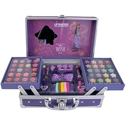 Maletin Markwins Lip Smacker Wish Makeup Traincase, Maletín de Maquillaje para Niñas, 50 piezas, con Paletas para Labios y Rostro, Esmaltes de Uñas, Accesorios para el Cabello y Espejo, Regalos de Princesas Disney