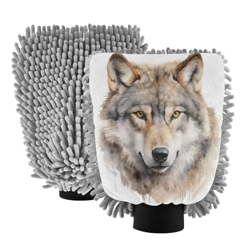 ALAZA Wild Wolf Head Car Wash Mitt Scratch Free, 2 Pack Absorbent Microfiber/Chenille Washing & Drying Mitts, L