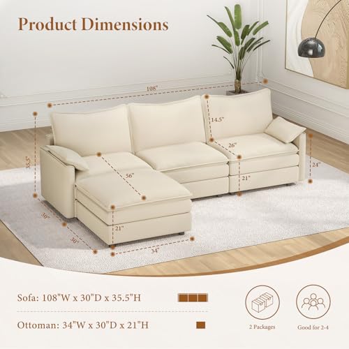 Image of Vesgantti 108 inch Modular Sectional Sofa, Comfy Cloud Couch with Movable Ottoman Deep Seat Chenille L Shaped Modular Sofa, Sectional Couches for Living Room, Bedroom and Apartment, Beige White