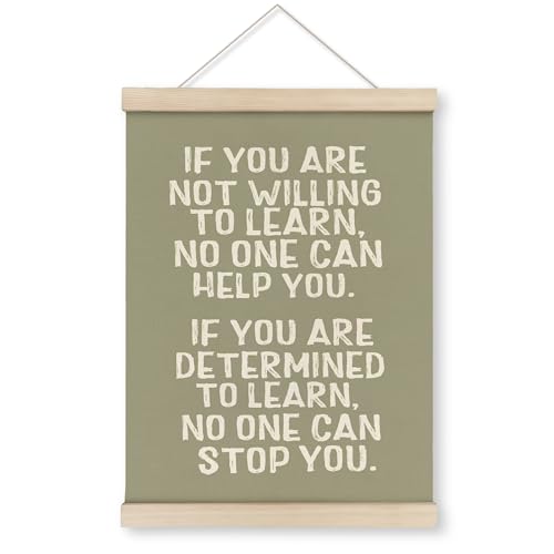 Image of HRQKO Inspirational Sage Green Willing to Learn Poster Hanger Frame, Positive Affirmation Wall Art With Wooden Frames, Motivational Quotes Wall Hanging Decor for Nursery Classroom, 12x16 Inch