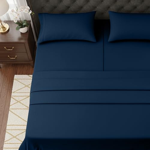 Image of Elegant Comfort Luxurious 1500 Premium Hotel Quality Microfiber Three Line Embroidered Softest 5-Piece Bed Sheet Set, Wrinkle and Fade Resistant, Split King, Navy Blue