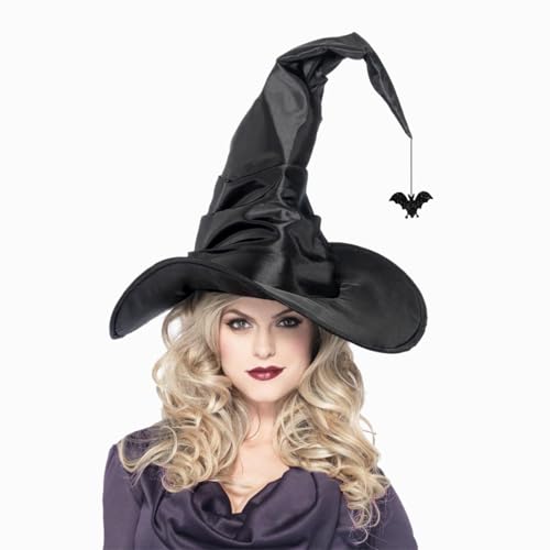Perechges Grande gorro bruxa mulher com morcego, preto chapéu carnaval de asa larga e ponta chapéu de bruxa para mulher menina decoração carnaval Halloween cosplay festa