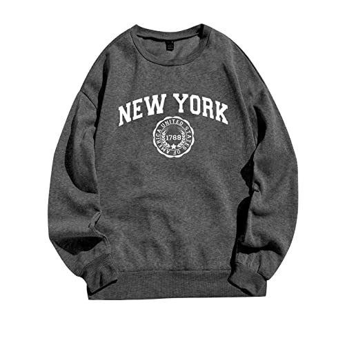 Image of New York Letter Sweatshirts for Women Fall Trendy Crewneck Clothes Fashion Long Sleeve Solid Graphic Loose Fit Hoodies Cartoon Y2K Vintage 2025 Trendy Crewneck Sweatshirts University Dark Gray