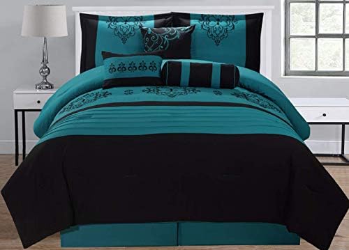 Empire Home 8 Piece Black & Teal Flocking Oversized Comforter Set (King Size)