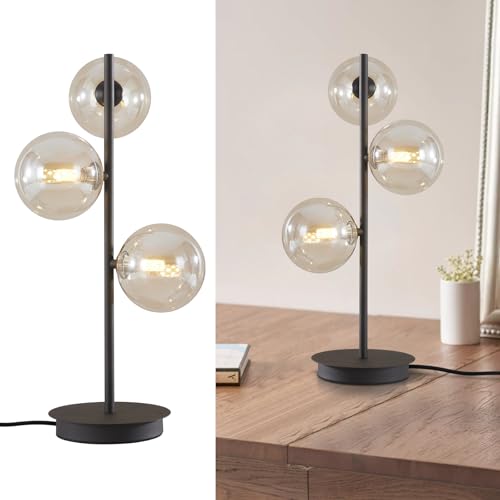 Image of Modern Globe Table Lamp, Mid Century 3 Lights Black Bedside Lamp, Brown Glass Globe Reading Lamp for Bedroom Living Room Study Room