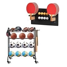 Basketball Rack with Wheel Bundle 2-Tier Wall Mount Ping Pong Paddle & Ball Rack