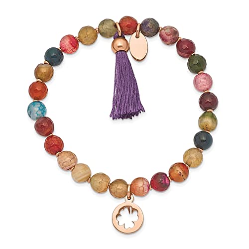 Ice Carats Stainless Steel Rose Plated Clover 6Mm Multi Color Agate Beaded Stretch Bracelet Tassel Adjustable Wrap Good Luck Natural Stone Shell Wood Fashion Jewelry For Women Gifts For Her #TOP1