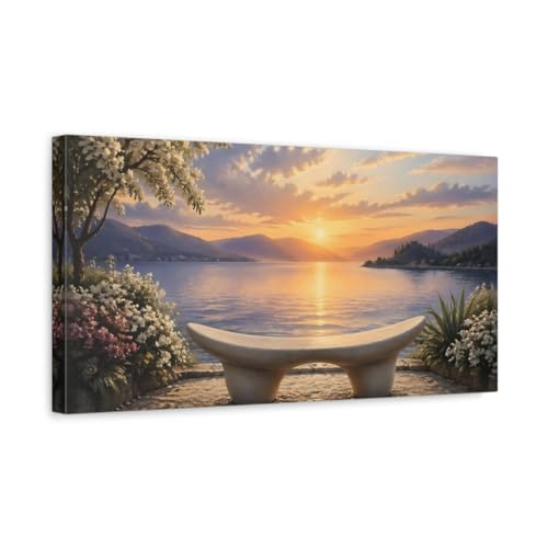 Tableau nature lac et coucher de soleil, toile salon horizontale 50x25 cm