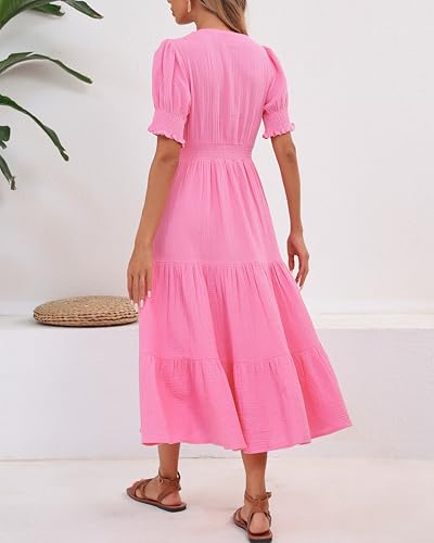 Image of YEXPINE Women's Cotton Tiered Midi Dress Short Sleeve V Neck Elastic Waist Casual Long Flowy Summer Dress