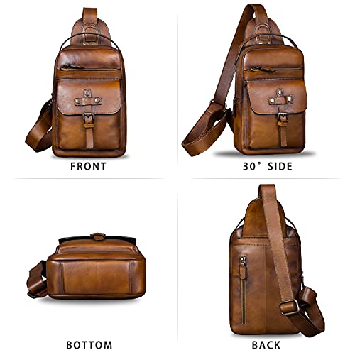 Ivtg Genuine Leather Sling Bag Chest Shoulder Fanny Bag Hiking Backpack Vintage Handmade Crossbody Daypack (Brown) #TOP3