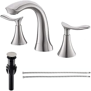 Comllen Widespread 3 Hole Brushed Nickel Bathroom Faucet, Modern 8 Inch Two Handle Bathroom Sink Faucet Lavatory Vanity Faucet with Water Hoses and Pop-up Drain
