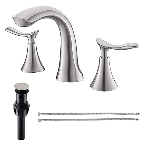 Comllen Widespread 3 Hole Brushed Nickel Bathroom Faucet, Modern 8 Inch Two Handle Bathroom Sink Faucet Lavatory Vanity Faucet with Water Hoses and Pop-up Drain Comllen Widespread 3 Hole Brushed Nickel Bathroom Faucet, Modern 8 Inch Two Handle Bathroom Sink Faucet Lavatory Vanity Faucet with Water Hoses and Pop-up Drain