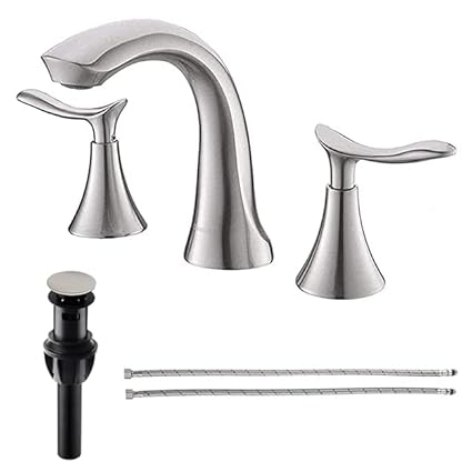 Comllen 2 Handle 3 Hole Brushed Nickel 8 Inch Lavatory Widespread Bathroom Faucet, Best Commercial Bathroom Sink Faucet With Pop Up Drain