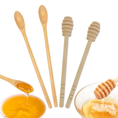 FloraMolly Bastoncini Legno de Madera, 4 agitadores de Miel de Mango Largo, cucharas de Madera multipropósito para café de Mermelada de té de Miel